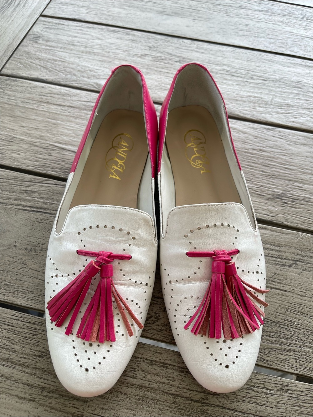 Candela Colorblock White & Pink Leather Loafers with Tassels Womens Size 9